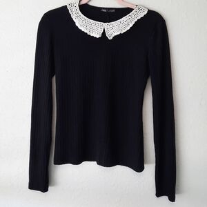 Zara Black & White Crochet Collar Ribbed Sweater M